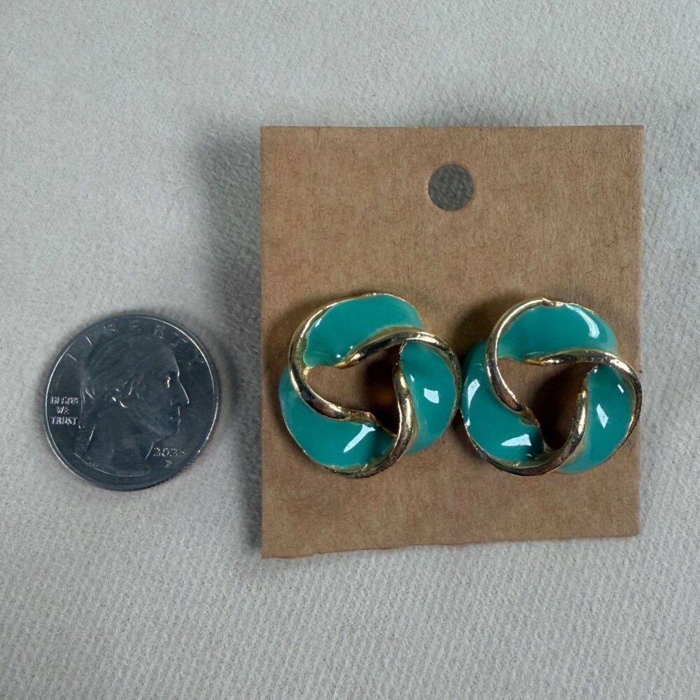 Vintage Teal Enamel Gold Tone Twisted Knot Circle Post Earrings Statement Retro - Picture 4 of 6